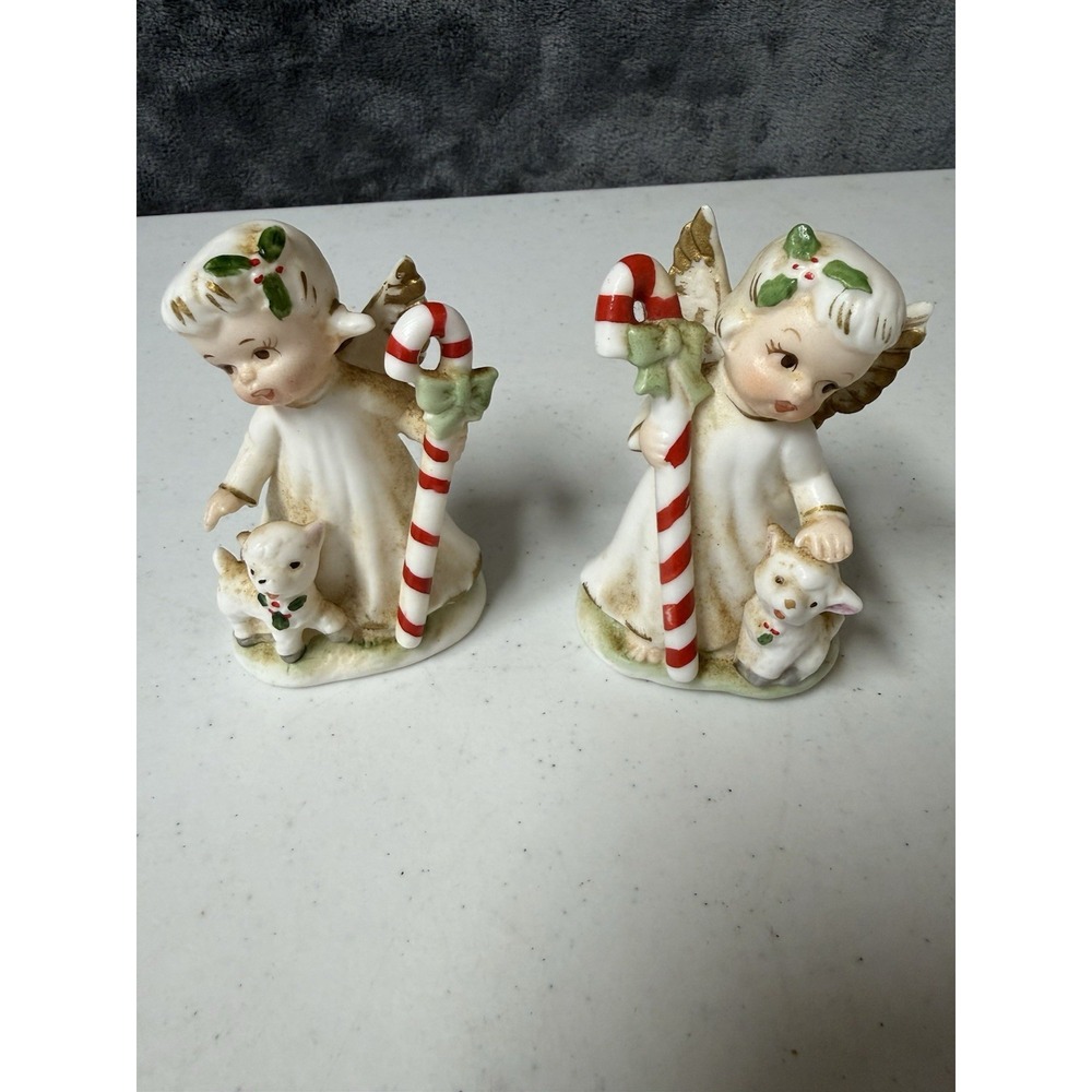 Vtg Lefton 1752 Ceramic Christmas Angel Girls with Lambs & Candy Canes Retro